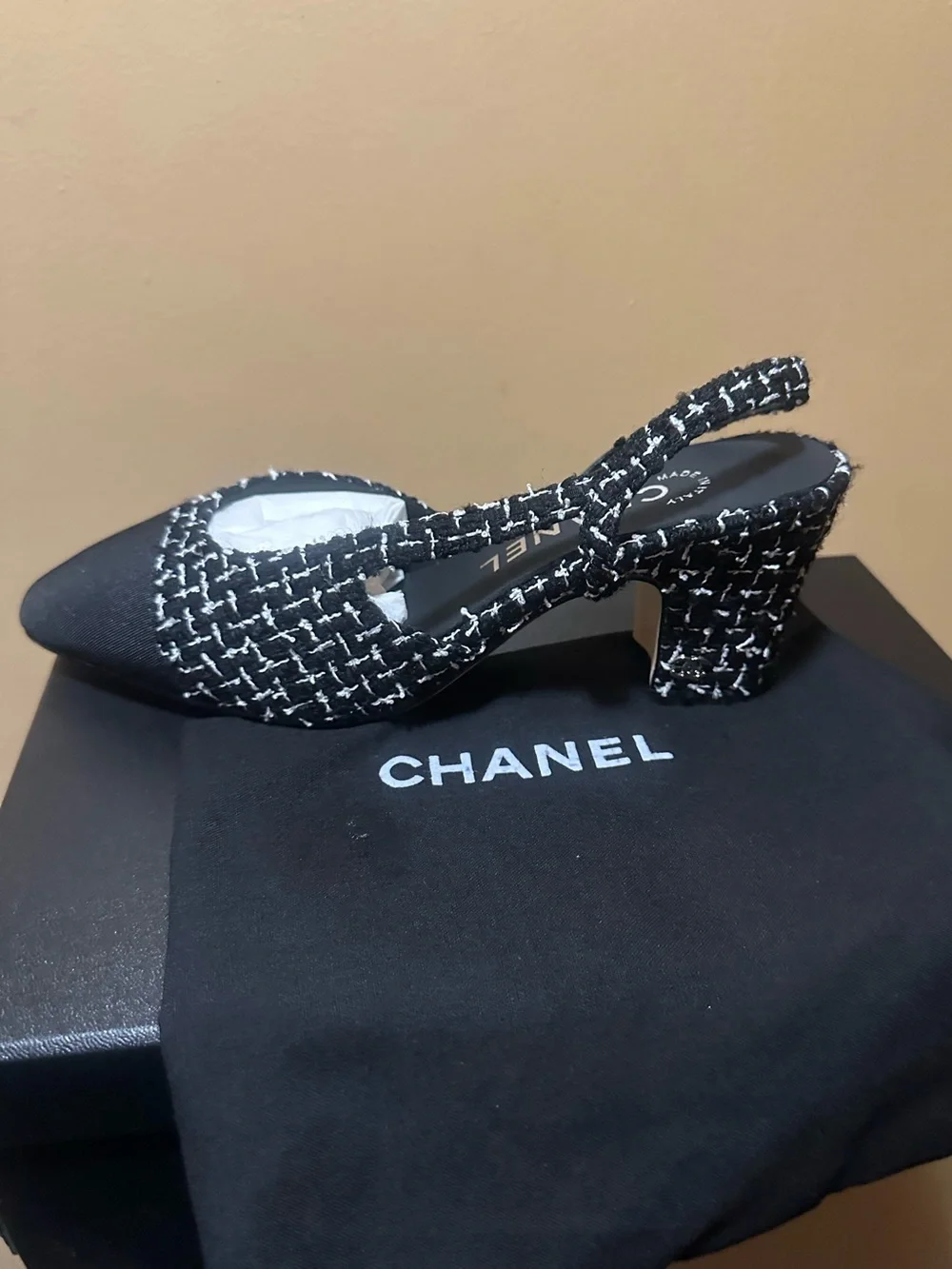 CHANEL Black & White Tweed Slingback Flat